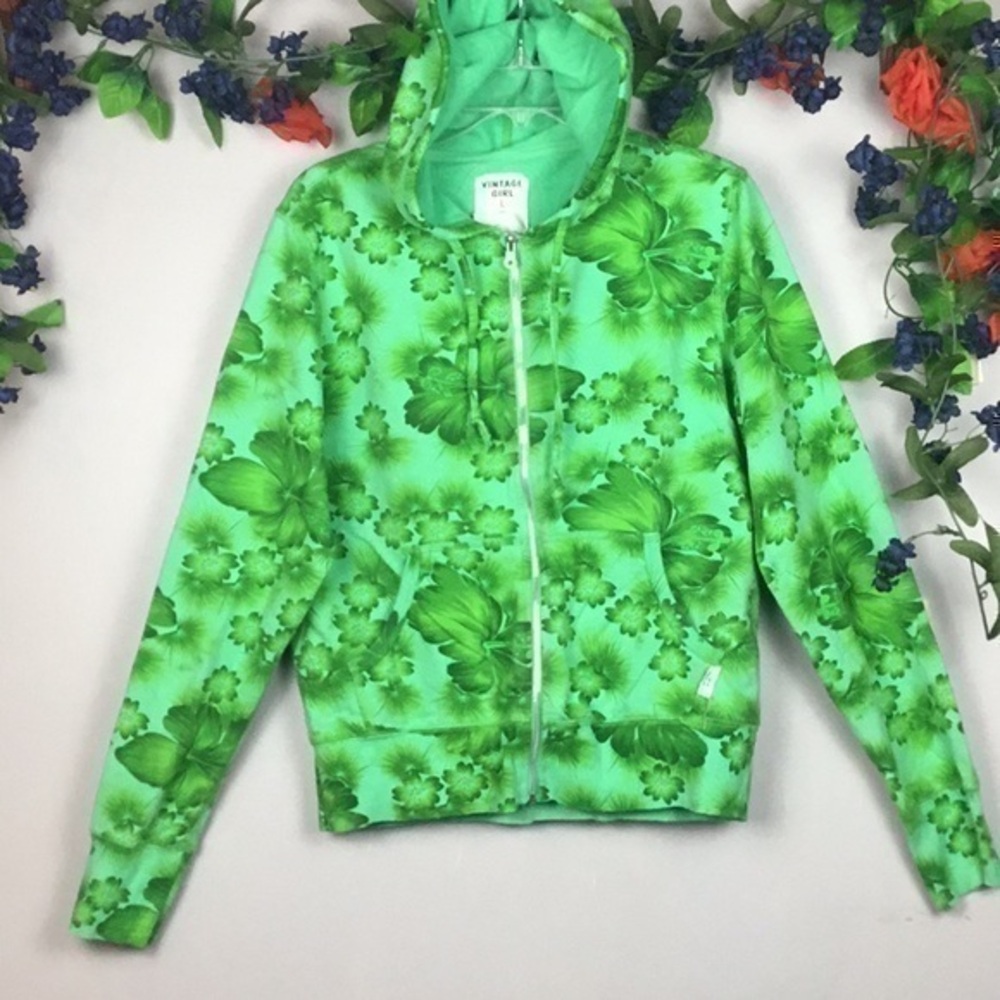 VINTAGE Girl Green Floral Zippered Hooded Sweatshirt Large Juniors Medium Womens